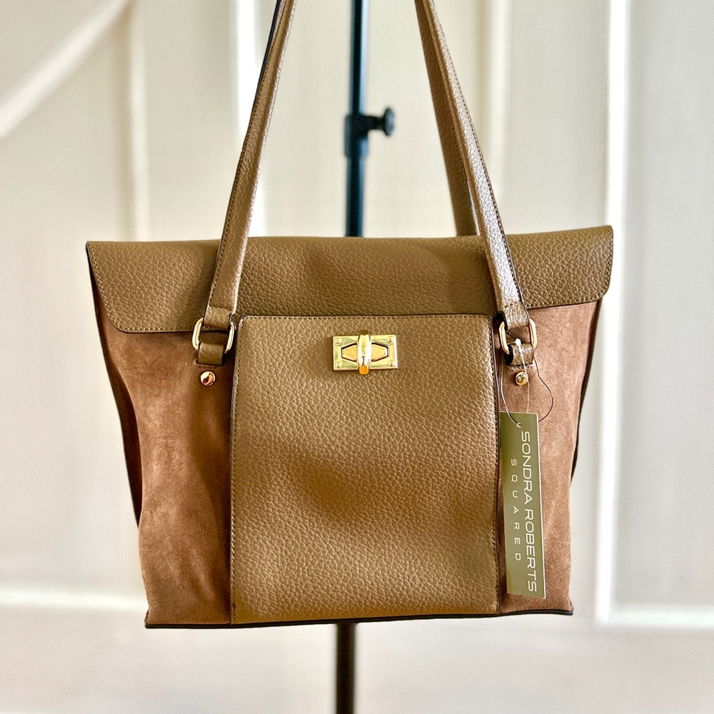 NEW- Sondra Roberts Taupe Brown Vegan Suede & Leather Shoulder Bag